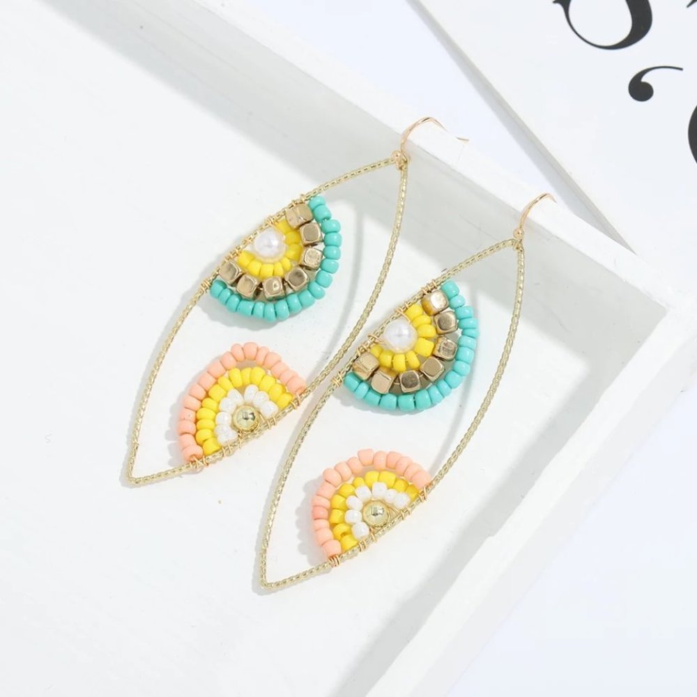 Turkish Multicolored Pink, Blue and Yellow Beaded Dangle Earrings